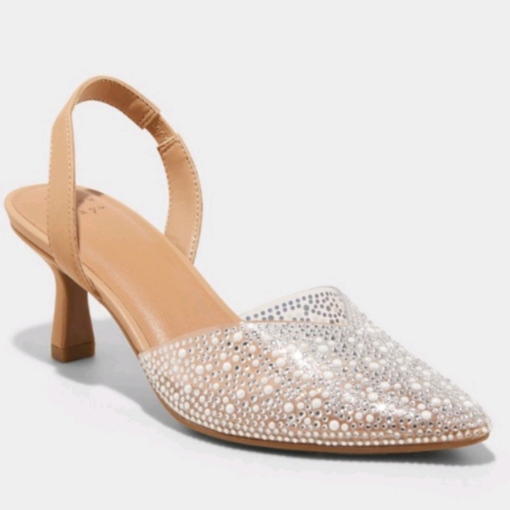 A New Day Elegant Tan Slingback Heels with Rhinestone Detailing Size 6